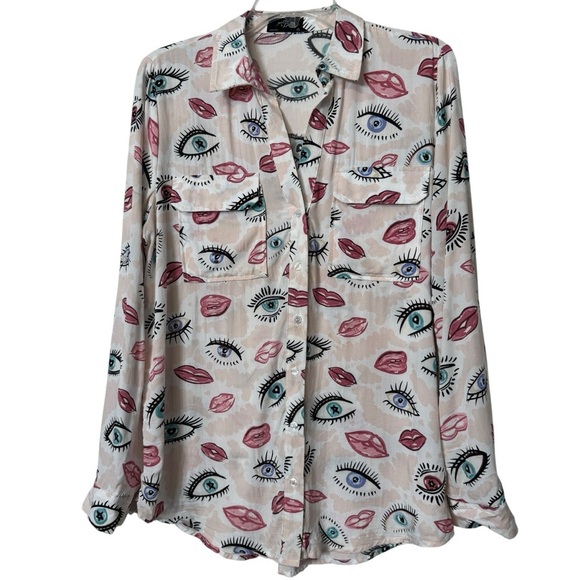 Milk & Honey Eye Print Button Down Blouse M - Picture 1 of 5